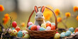 Rabbit and egg easter day  important day, Easter eggs in a basket with a bunny on the front, Happy bunny with many easter eggs on grass festive, easter rabbit with beautiful eggs in the basket,