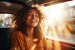 Closeup portrait of a cheerful young woman with windy hair sitting at a car. Generative AI.