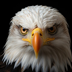 Canvas Print - A closeup of a bald sea eagle looking straight into the camera, dark matte background. generative ai