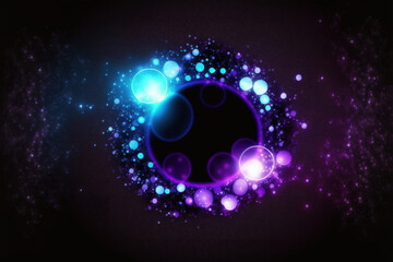 Wall Mural - Light sphere. Bokeh circles. Cosmic stardust. Defocused neon blue purple color glowing round bubbles texture on dark black art illustration abstract background.