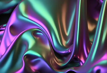 Wall Mural - Neon gradient holographic background. Defocused green pink purple color glowing curve layers texture on dark graphic abstract art illustration.