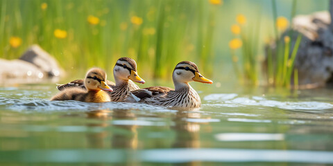 duck and ducklings swimming in lake