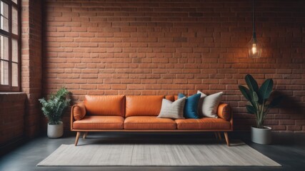 Wall Mural - Comfortable sofa against grunge brick wall with copy space. Loft style interior design of modern living room