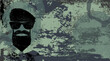 Vektor Silhouette: Cartoon Gesicht mit Barett und Bart - Militärischer Hintergrund Camouflage