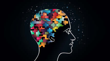 Human head profile and jigsaw puzzle, cognitive psychology or psychotherapy concept, mental health, brain problem, personality disorder, vector line design, dark background