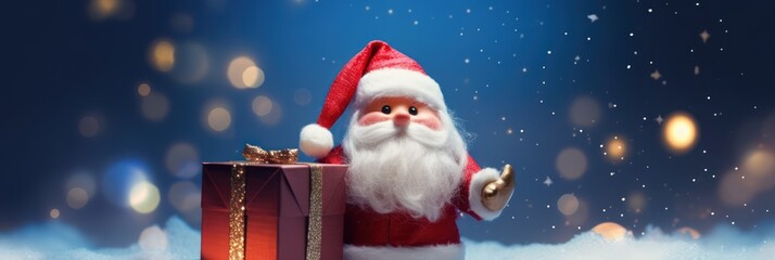 Wall Mural - Cute Toy Santa Claus holding a gift box standing in front of the Merry Christmas lighting background with lighting decoration