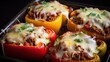 Colorful peppers are stuffed with a yummy combination of tomatoey beef and rice, then topped with melted mozzarella cheese