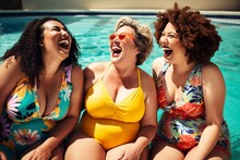 Joyful Plus-Size Friends In Swimwear Enjoying Pool Day At Home