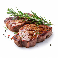 Tasty steaks with rosemary on white background, ai technology