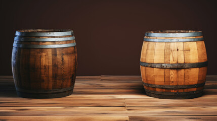 Two wooden barrels on wooden background in cellar of vinery. Generative AI