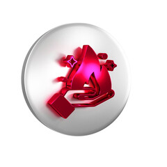 Sticker - Red Hand holding a fire icon isolated on transparent background. Silver circle button.