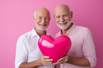 Couple of gay men over 50 hold heart-shaped balloons.