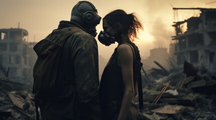 a fantasy couple in gas masks explores the ruins of a city in the rays of the setting sun in a post-