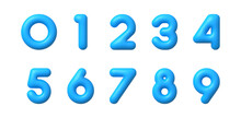 3d Blue Numbers. Realistic Light Blue Plastic Digits Render, Inflated Bubble Business Symbols 10 Number From 0 To 9 For Banner Anniversary Isolated Vector Set