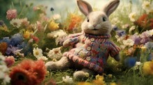 Photo Of A Cute Knitted Rabbit In Knitted Clothes Sitting On The Lawn Among Flowers