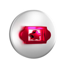 Sticker - Red Cinema ticket icon isolated on transparent background. Silver circle button.