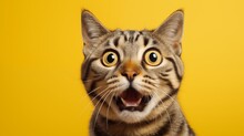Portrait Of A Tabby Cat Surprised On Yellow Background