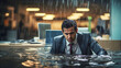 A despondent businessman submerged in a deluge within his workplace, drowning under the water, flood affects the corporate office, the weight of excessive workload, financial anxieties