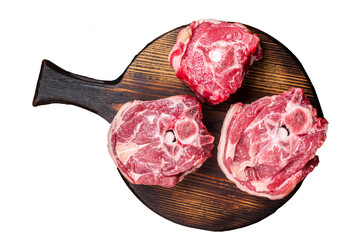 Raw lamb neck chops, fresh mutton meat on a butcher board with herbs.  Transparent background. Isolated.