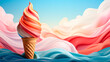 Ice cream in waffle cone on colorful background. Summer concept illustration.