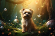 A fantasy magic dog in a fairy-tale wonderland forest. Artistic abstract cute animal.