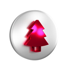 Poster - Red Christmas tree icon isolated on transparent background. Merry Christmas and Happy New Year. Silver circle button.