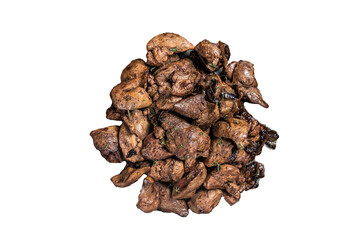 Wall Mural - Fried chicken liver with onions and herbs.  Transparent background. Isolated.