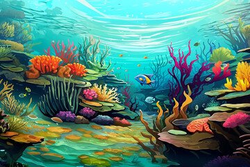 Wall Mural - painting of coral reef and fishes