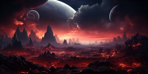 Wall Mural - A fantastical scene of a burning planet with bright stars. Generative Ai.