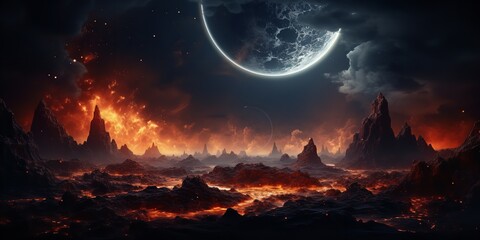 Wall Mural - A fantastical scene of a burning planet with bright stars. Generative Ai.