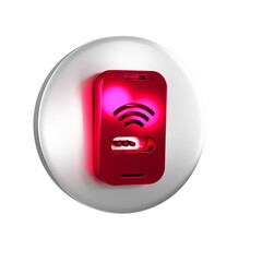Poster - Red Smartphone with free wi-fi wireless connection icon isolated on transparent background. Wireless technology, wi-fi connection, wireless network. Silver circle button.