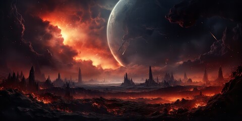 Wall Mural - A fantastical scene of a burning planet with bright stars. Generative Ai.