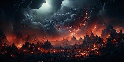 Wall Mural - A fantastical scene of a burning planet with bright stars. Generative Ai.