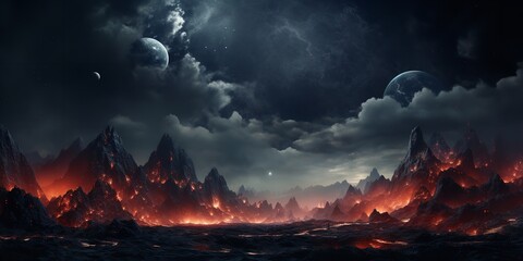 Wall Mural - A fantastical scene of a burning planet with bright stars. Generative Ai.