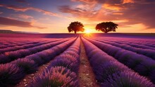 Lavender Field And Tree Silhouette At Sunset