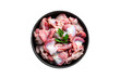 Raw uncooked chicken gizzards, stomach in a pan.  Transparent background. Isolated.