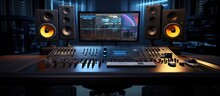 Image Of A Contemporary Music Studio Control Desk Displaying DAW Software User Interface With Song Playing Includes Equalizer Mixer And Professional Gear Copy Space Image Place For Adding Text