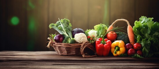 Sticker - Healthy vegetarian food with organic vegetables in a basket on a wooden background Copy space image Place for adding text or design