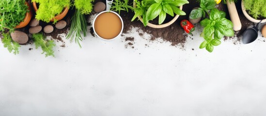 Canvas Print - Home gardening with vegetable seedlings in pots and tools on a white background Free space available Copy space image Place for adding text or design