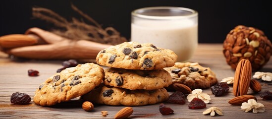 Sticker - Gluten free oat cookies with chocolate and nuts on a wooden background Healthy baking with ancient grains Copy space image Place for adding text or design