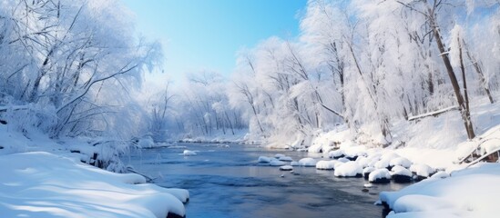 Wall Mural - Frozen river in winter forest scenery Copy space image Place for adding text or design