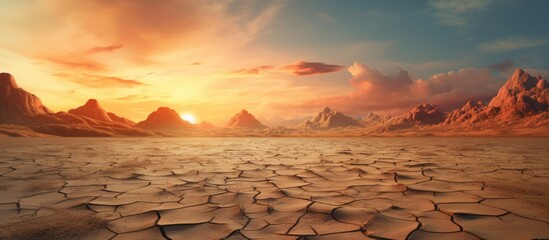 Poster - Global warming concept illustrated by desert landscape background Copy space image Place for adding text or design