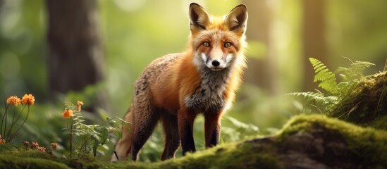 gorgeous red fox in spring forest natural wildlife scene copy space image place for adding text or d