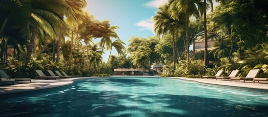 Canvas Print - Hotel s garden with a big pool and trees around Copy space image Place for adding text or design