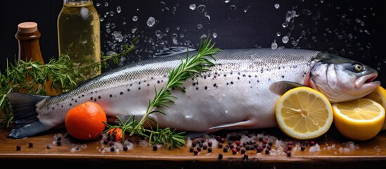 Wall Mural - Freshly caught trout ready to be cooked and seasoned for a tasty lunch Copy space image Place for adding text or design