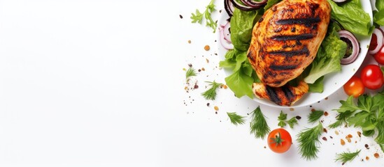 Wall Mural - Grilled chicken and salad on white table keto and healthy Text space top view Copy space image Place for adding text or design