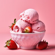 Strawberry Ice Cream In White Bowl Close Up, Isolated On Pink Background. Yummy Strawberry Ice Cream Bowl. Soft Strawberry Ice Cream Cone With Swirl Splash. Ads Promo Poster With Realistic Ice Cream.