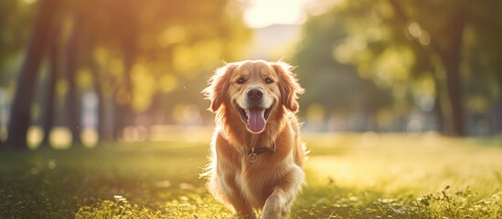 Wall Mural - Happy Golden Retriever playing in park smiling Copy space image Place for adding text or design