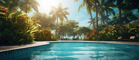 Canvas Print - Hotel s garden with a big pool and trees around Copy space image Place for adding text or design