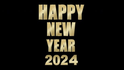Poster - 4k Animated Happy New Year 2024 Golden Letters text Isolated on Black Background. Holiday New Year Greeting Card Design Element. Shining Gold Greeting Text Animation. Golden Lettering Design Element.